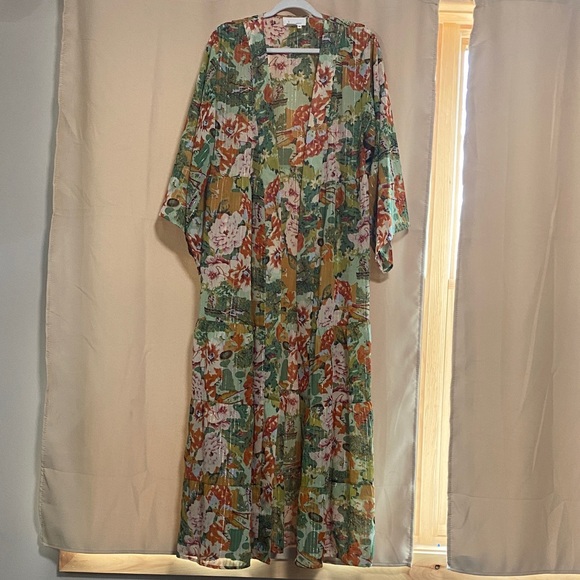 Anthropologie Floral Sheer Maxi Robe in Green, Orange, Pink - Picture 4 of 5